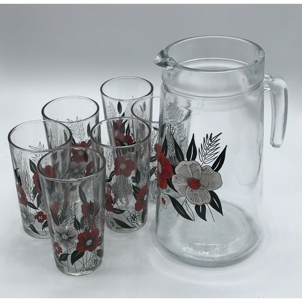 Cerve Glass Juice Pitcher‎ &6 Glasses Black/Red &white  Flowers Made in Italy